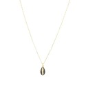 Forced link necklace with rounded shell pendant, engraved, perforated and black enameled yellow gold plated 925 silver