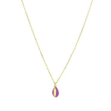 Forced link necklace with rounded shell pendant, engraved, perforated and enameled lilac yellow gold plated in 925 silver