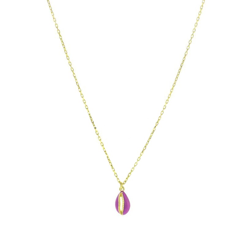 Forced link necklace with rounded shell pendant, engraved, perforated and enameled lilac yellow gold plated in 925 silver