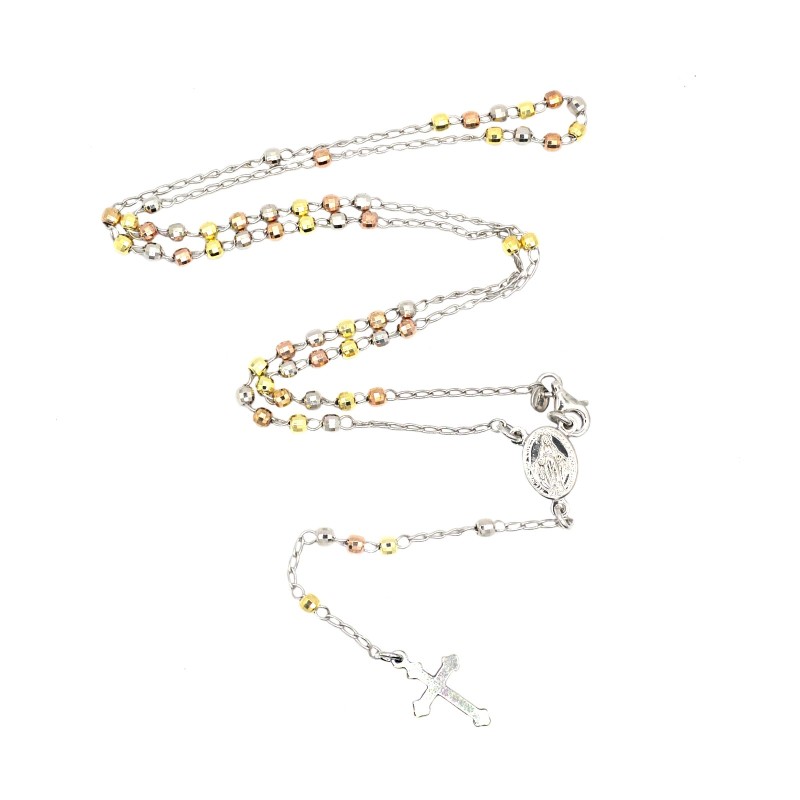 Collana rosario a Y placcata oro giallo ,bianco e rosa con sfera faccettata da 3 mm in argento 925 (50 cm)