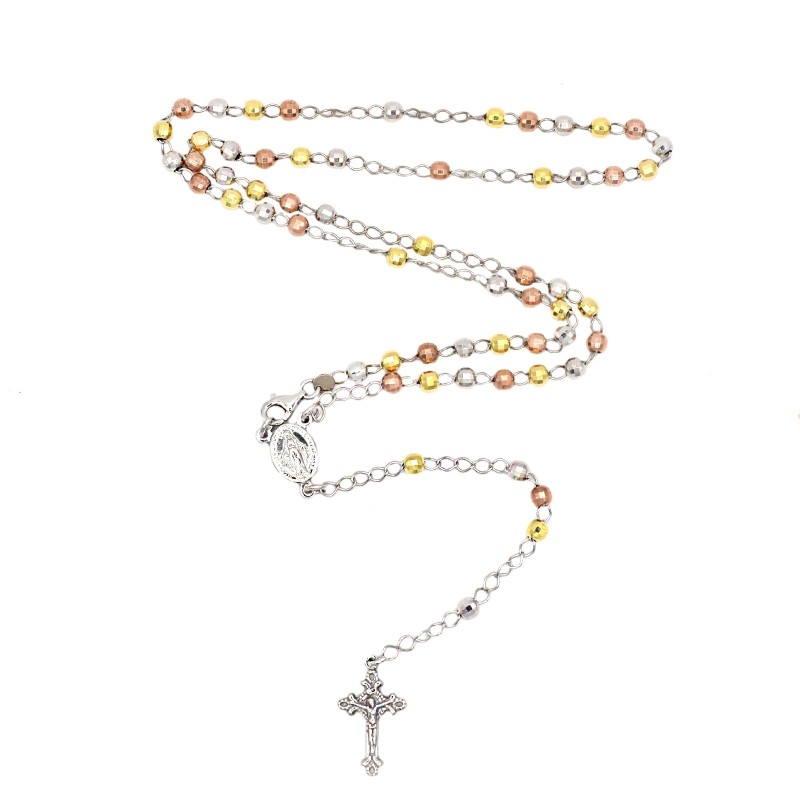 Collana rosario a Y placcata oro giallo ,bianco e rosa con sfera faccettata da 4 mm in argento 925 (60 cm)