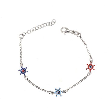 Bracciale maglia rolò con tre timoni smaltati placcato oro bianco in argento 925