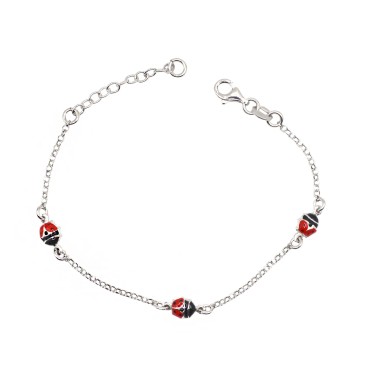 Bracciale maglia rolò con tre coccinelle smaltate placcato oro bianco in argento 925