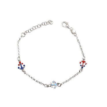 Bracciale maglia rolò con tre ancore smaltate placcato oro bianco in argento 925