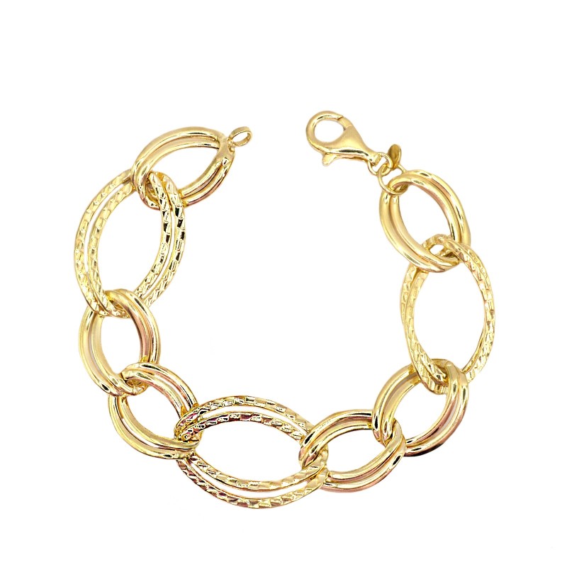 Bracciale catena doppia maglia ,liscia e martellata placcato oro giallo in  argento 925