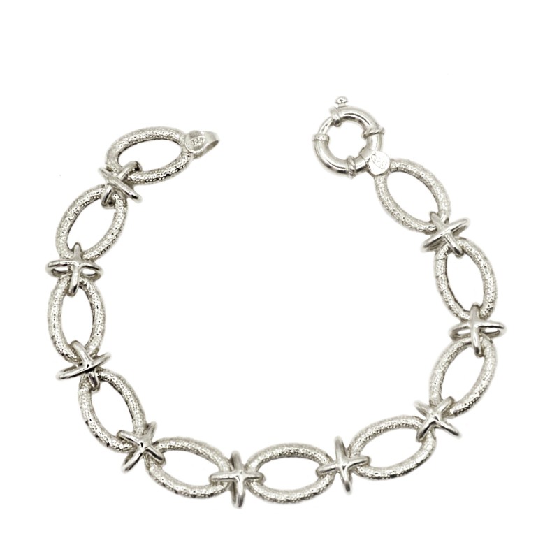 Bracciale catena ovale con X centrali placcato oro bianco in argento 925