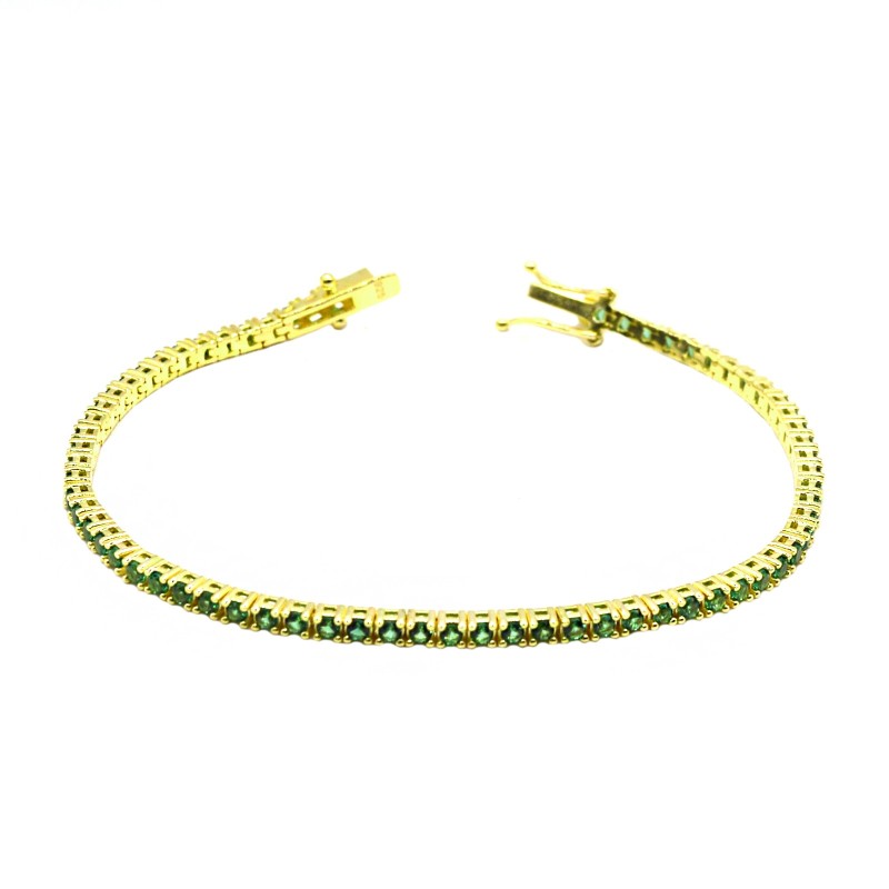 Bracciale tennis con zirconi verdi 2mm 18 cm placcato oro giallo in argento 925