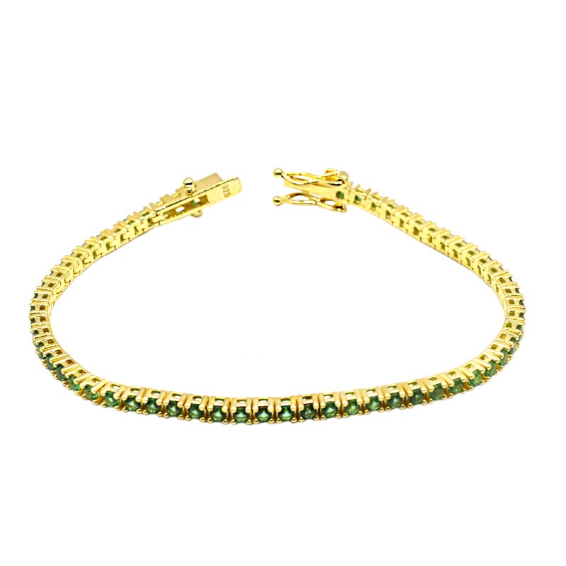 Bracciale tennis con zirconi verdi 2mm 16 cm placcato oro giallo in argento 925