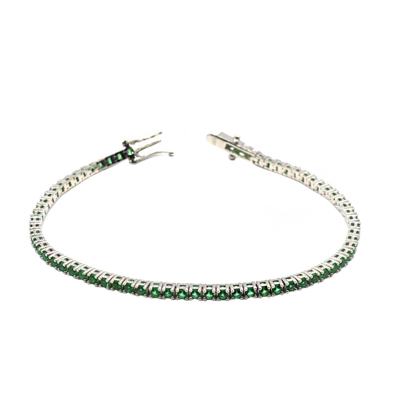 Bracciale tennis placcato oro bianco con zirconi verdi da 2 mm 18 cm in argento 925