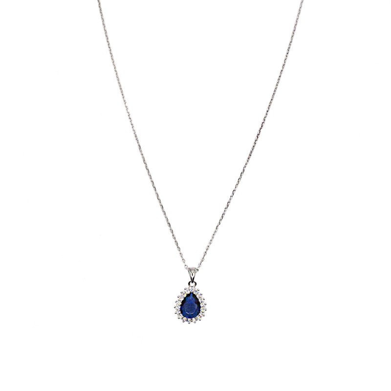 Collana forzatina con pendente a goccia blu in cornice di zirconi bianchi placcato oro bianco ina argento 925