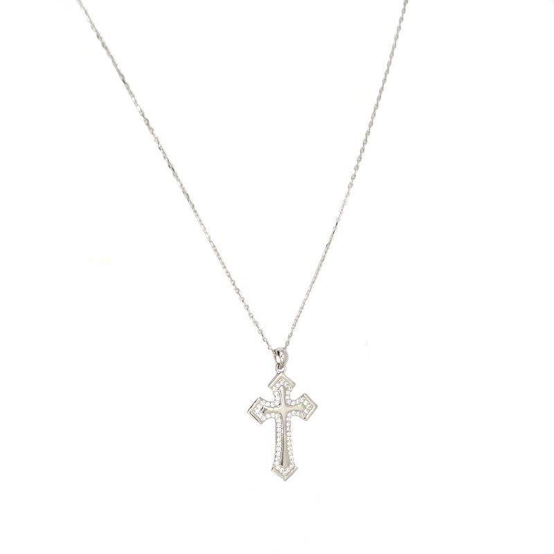 Collana forzatina con pendente croce semi zirconata bianca placcato oro bianco ina argento 925