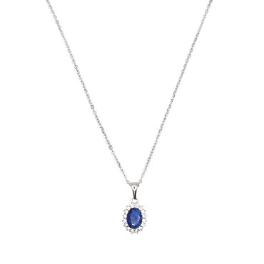 Collana forzatina con pendente ovale blu in cornice di zirconi bianchi placcato oro bianco ina argento 925