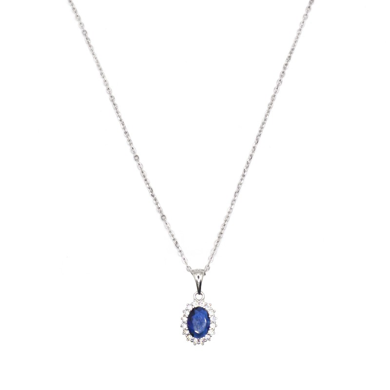 Collana forzatina con pendente ovale blu in cornice di zirconi bianchi placcato oro bianco ina argento 925