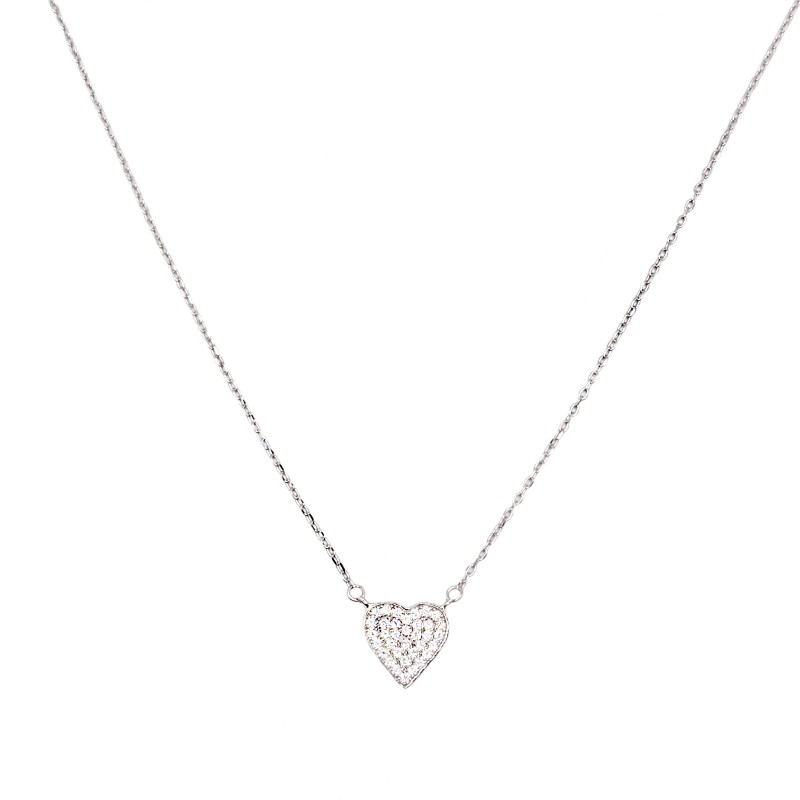 Collana maglia forzatina con centrale cuore a pavè di zirconi bianchi placcata oro bianco in argento 925