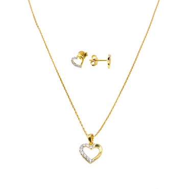 Completo collana e coppia di orecchini a cuore semi zirconati bianchi placcato oro giallo in argento925