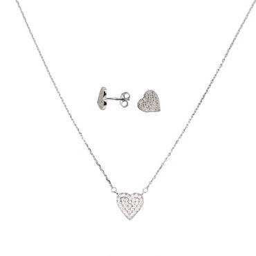 Completo collana e coppia di orecchini a cuore zirconati bianchi placcato oro bianco in argento925