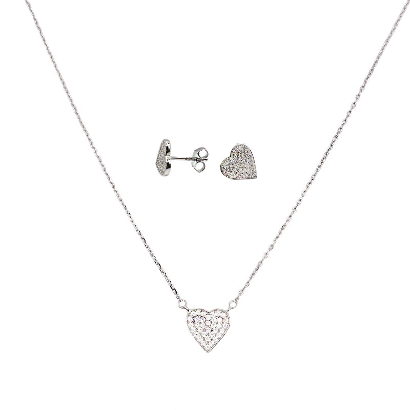 Completo collana e coppia di orecchini a cuore zirconati bianchi placcato oro bianco in argento925