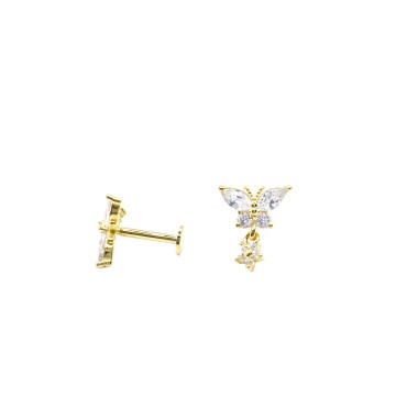 Orecchini piercing farfalla zirconata con fiore pendente placcata oro giallo in argento 925