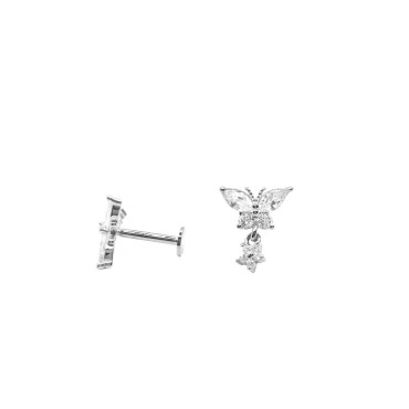 Orecchini piercing farfalla zirconata con fiore pendente placcata oro bianco in argento 925