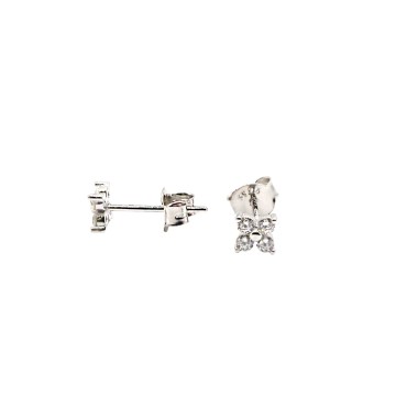 Orecchini a lobo micro fiore 4 petali di zirconi bianchi placcati oro bianco in argento 925