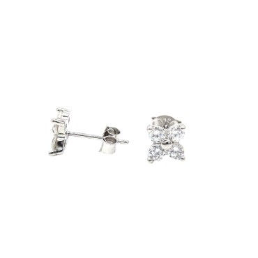 Orecchini a lobo fiore 4 petali di zirconi bianchi placcati oro bianco in argento 925