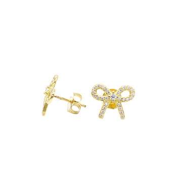 Orecchini a lobo contorno fiocco zirconato bianco con punto luce centrale placcato oro giallo in argento 925