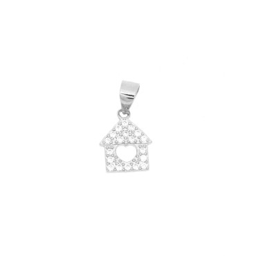 Ciondolo casa zirconata bianca con cuore traforato centrale placcato oro bianco in argento 925