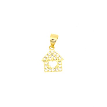 Ciondolo casa zirconata bianca con cuore traforato centrale placcato oro giallo in argento 925