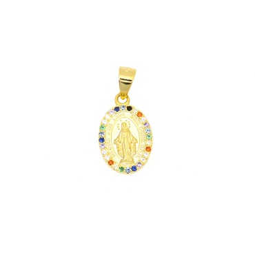 Ciondolo medaglia miracolosa con madonna in cornice di zirconi multicolor placcato oro giallo in argento 925