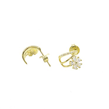 Orecchini mezzo cerchio con attacco a pressione con fiore di zirconi bianchi placcato oro giallo in argento 925