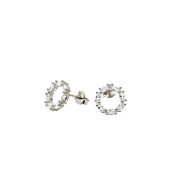 Orecchini a lobo sagoma cerchio zirconato bianco placcato oro bianco in argento 925