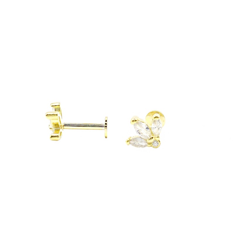 Orecchini a lobo piercing con tre spole di zirconi bianchi placcati oro giallo in argento 925