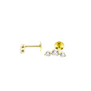 Orecchini a lobo piercing con 3 punto luce di zirconi bianchi placcati oro giallo in argento 925