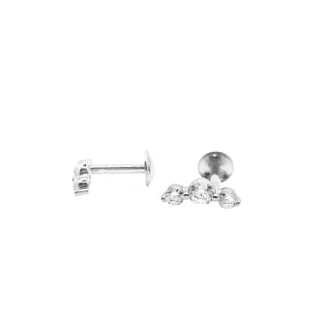 Orecchini a lobo piercing con 3 punto luce di zirconi bianchi placcati oro bianco in argento 925
