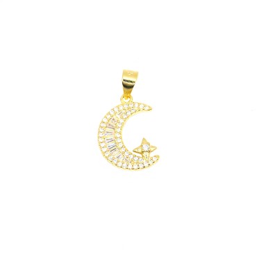 Ciondolo luna e stella  con baguette e zirconi bianchi placcata oro giallo in argento 925