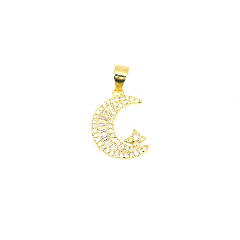 Ciondolo luna e stella  con baguette e zirconi bianchi placcata oro giallo in argento 925