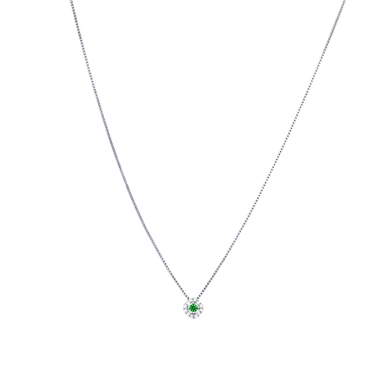 Collana veneziana con zircone centrale verde in cornice di zirconi bianchi placcato oro bianco in argento 925