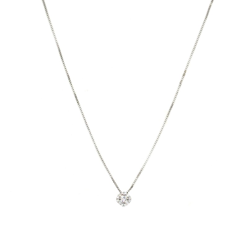 Collana veneziana con zircone centrale bianco in cornice di zirconi bianchi placcato oro bianco in argento 925