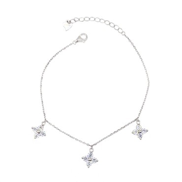 Bracciale maglia forzatina con 3fiori pendenti zirconati bianchi placcato oro bianco in argento 925