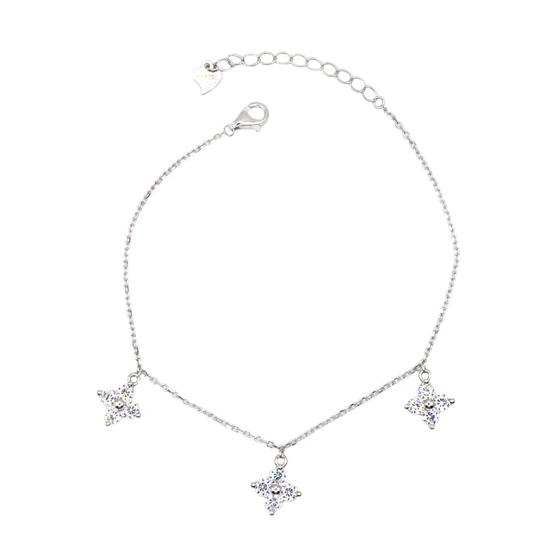 Bracciale maglia forzatina con 3fiori pendenti zirconati bianchi placcato oro bianco in argento 925