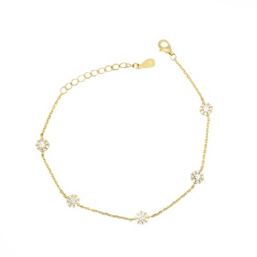 Bracciale maglia forzatina con 5 fiori tondi zirconati bianchi placcato oro giallo in argento 925