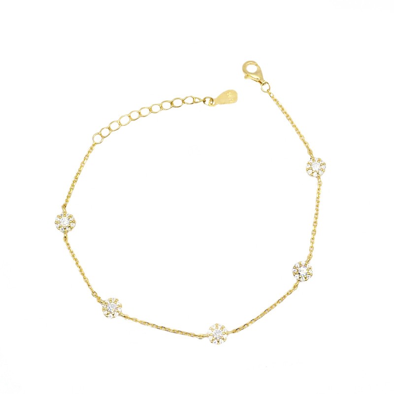 Bracciale maglia forzatina con 5 fiori tondi zirconati bianchi placcato oro giallo in argento 925