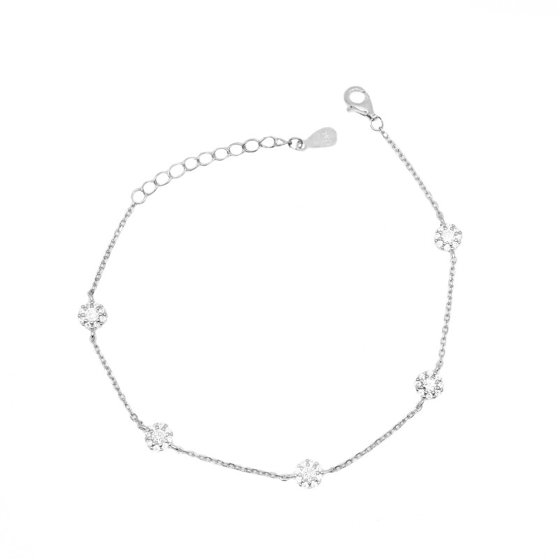 Bracciale maglia forzatina con 5 fiori tondi zirconati bianchi placcato oro bianco in argento 925