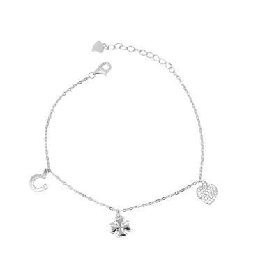Bracciale maglia forzatina con ferro di cavallo e quadrifoglio lisci e cuoe zinrconato bianco placcato oro bianco in argento 925