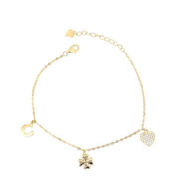 Bracciale maglia forzatina con ferro di cavallo e quadrifoglio lisci e cuoe zinrconato bianco placcato oro giallo in ar