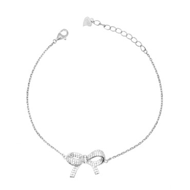 Bracciale maglia forzatina con fiocco zirconato bianco placcato oro bianco in argento925