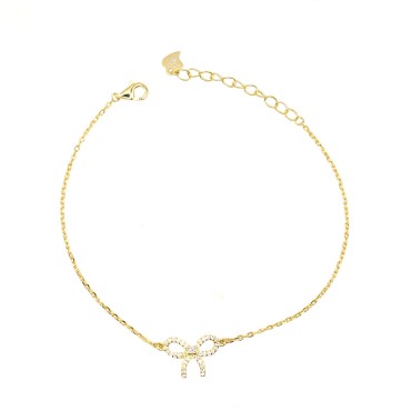 Bracciale maglia forzatina con fiocco e punto puce zirconato bianco placcato oro giallo in argento925