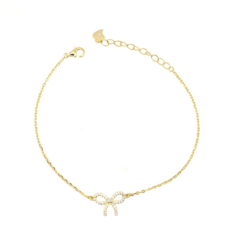 Bracciale maglia forzatina con fiocco e punto puce zirconato bianco placcato oro giallo in argento925