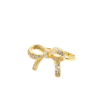 Anello regolabile con fiocco zirconato bianco placcato oro giallo in argento 925