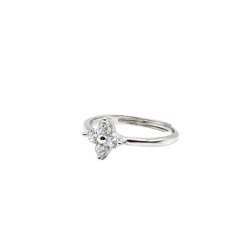 Anello regolabile con fiore 4 petali zirconato bianco placcato oro bianco in argento 925
